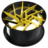RVRN RV-DF041 McLaren 720S directional forged wheel in black with yellow, aggressive concave styling and lightweight 2-piece performance construction