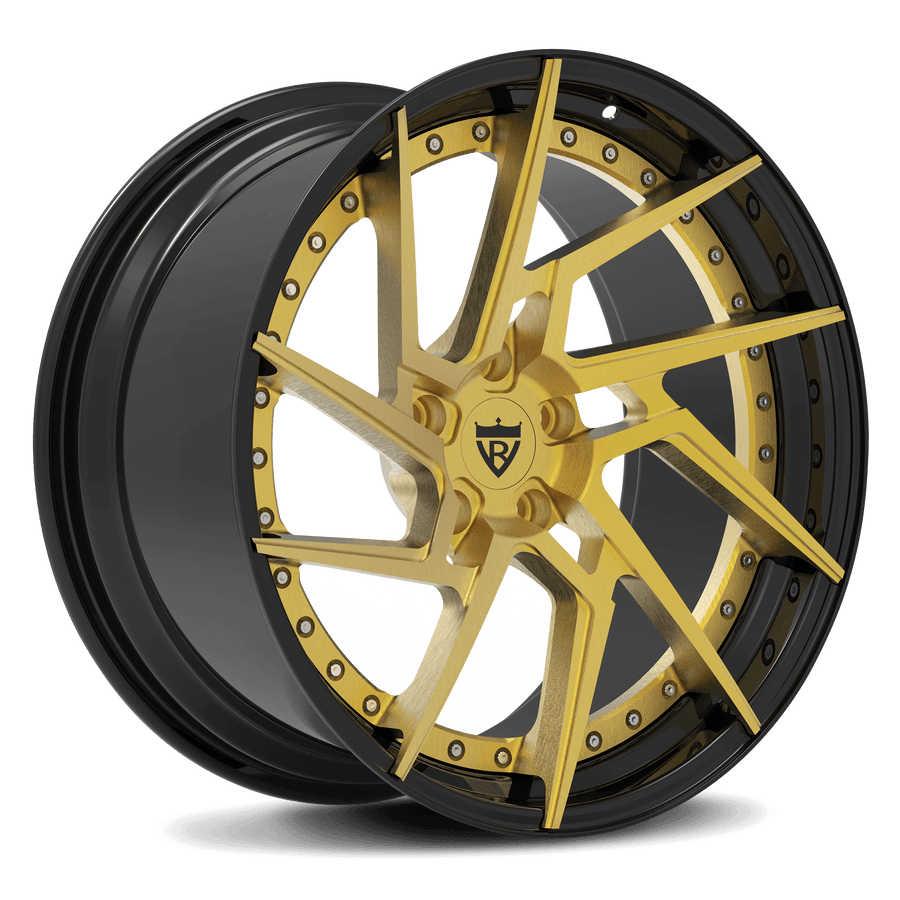 RVRN RV-DF041 Corvette C8 Z06 directional forged wheel in black with gold, custom 2-piece concave performance design