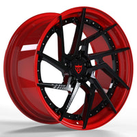 Custom Tesla Model 3 forged wheels in red and black finish with aggressive multi spoke performance styling by RVRN