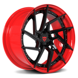 Custom red and black forged wheels designed for premium vehicles including Ferrari 488 GTB and more.