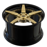 RVRN RV-DF14 5 spoke Corvette Stingray forged rims featuring black and polished frozen gold custom finish