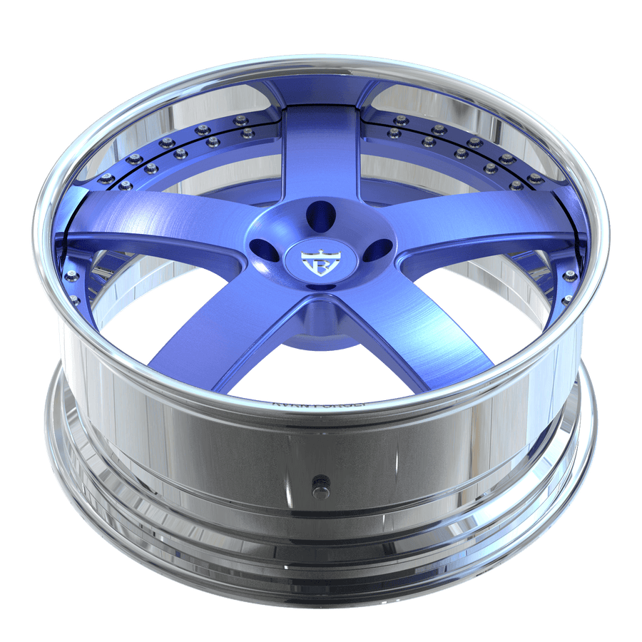 Custom 2-piece forged 5 spoke blue wheel for Mustang GT, deep dish design from aerospace-grade 6061-T6 aluminum, 19-inch staggered size.
