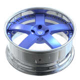 Custom 2-piece forged 5 spoke blue wheel for Mustang GT, deep dish design from aerospace-grade 6061-T6 aluminum, 19-inch staggered size.