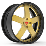 Custom 2-piece forged 5 spoke wheel, gold finish, ideal for Mustang, 17"-26" sizes, aerospace-grade aluminum, compatible with OEM TPMS and lugs