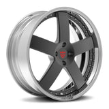 Custom 2-piece forged 5 spoke RV-DF93 wheel in gunmetal and silver finish for Mustang, available in 17"-26" sizes, deep dish design.