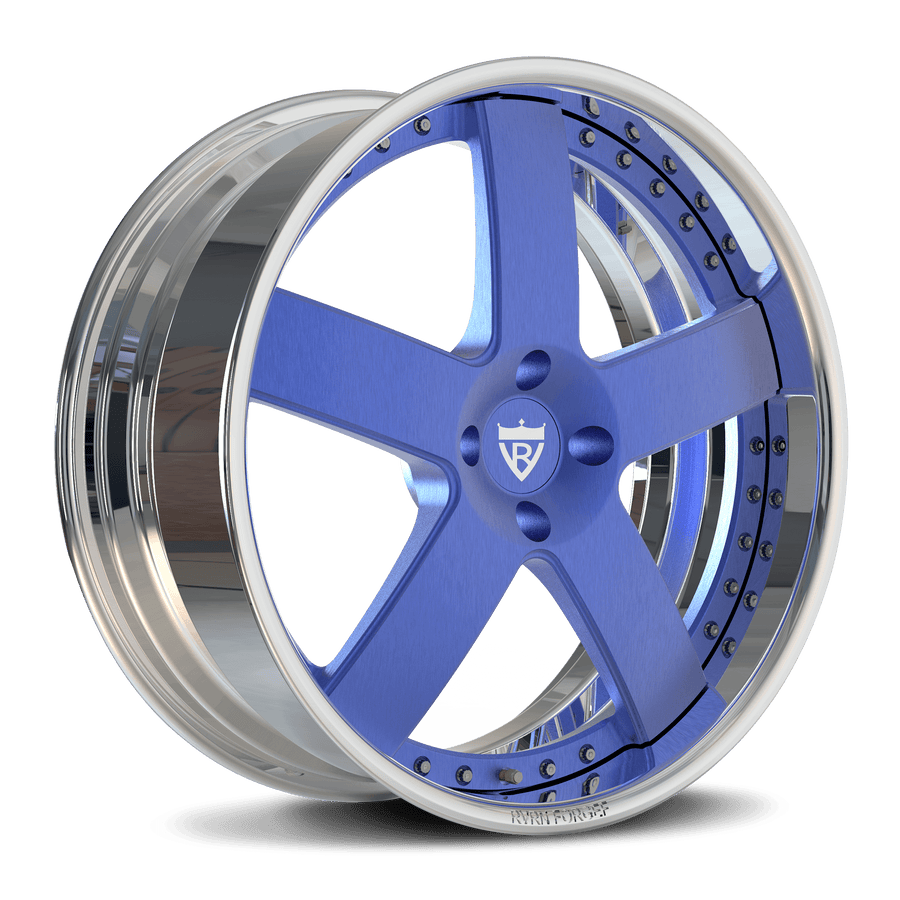 Blue 5-spoke custom forged wheel for Mustang, deep dish design, compatible with OEM TPMS and lugs, perfect for 1999 Mustang GT, 19-inch staggered size.