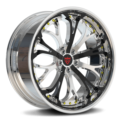 RVRN RV-DL09 custom forged multi-spoke Lincoln rims in chrome with black finish, showcasing lightweight performance wheel design and precision machining detail for luxury vehicles.