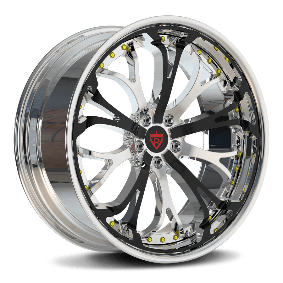 RVRN RV-DL09 custom forged multi-spoke Lincoln rims in chrome with black finish, showcasing lightweight performance wheel design and precision machining detail for luxury vehicles.