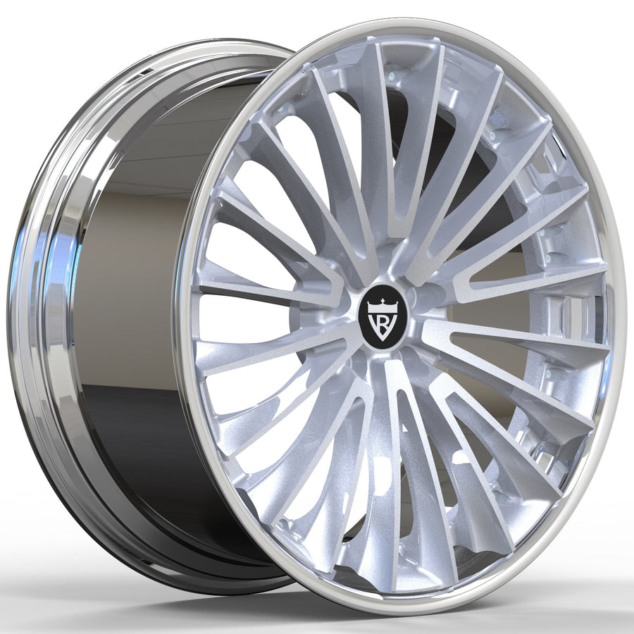 RVRN RV-DM079 two piece forged multi spoke wheels in chrome and polished silver for Mercedes AMG C63, custom Mercedes AMG wheels with performance fitment design