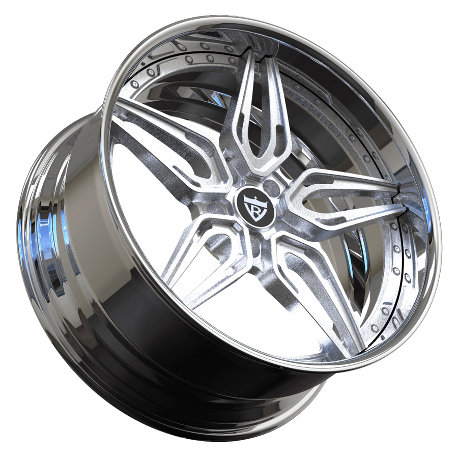 RVRN RV-DP01 forged 5 star Porsche Cayman wheels with polished spokes and chrome barrel, custom 2-piece deep lip wheel design