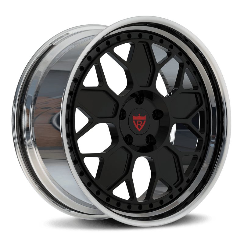 RVRN RV-DP186 2-piece forged deep dish wheel for Porsche Taycan Turbo GT in black with chrome finish, featuring a pronounced deep dish profile and custom performance fitment