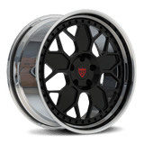 RVRN RV-DP186 2-piece forged deep dish wheel for Porsche Taycan Turbo GT in black with chrome finish, featuring a pronounced deep dish profile and custom performance fitment