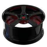 RVRN RV-DP223 5 spoke forged wheels for BMW M4 in black with red finish and lightweight performance design