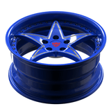 Blue RV-DR02 star rims, forged deep dish design suited for Dodge muscle car performance builds