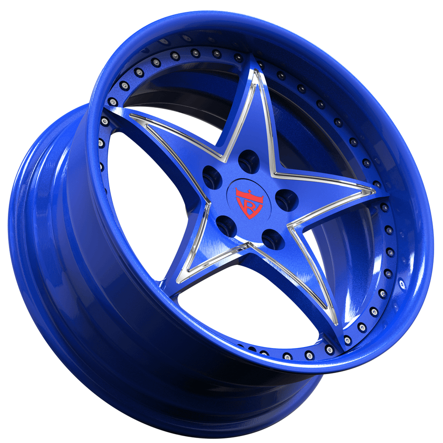 Blue RV-DR02 forged star wheels, deep dish performance rims styled for Ford Mustang builds