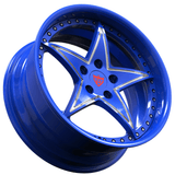 Blue RV-DR02 forged star wheels, deep dish performance rims styled for Ford Mustang builds
