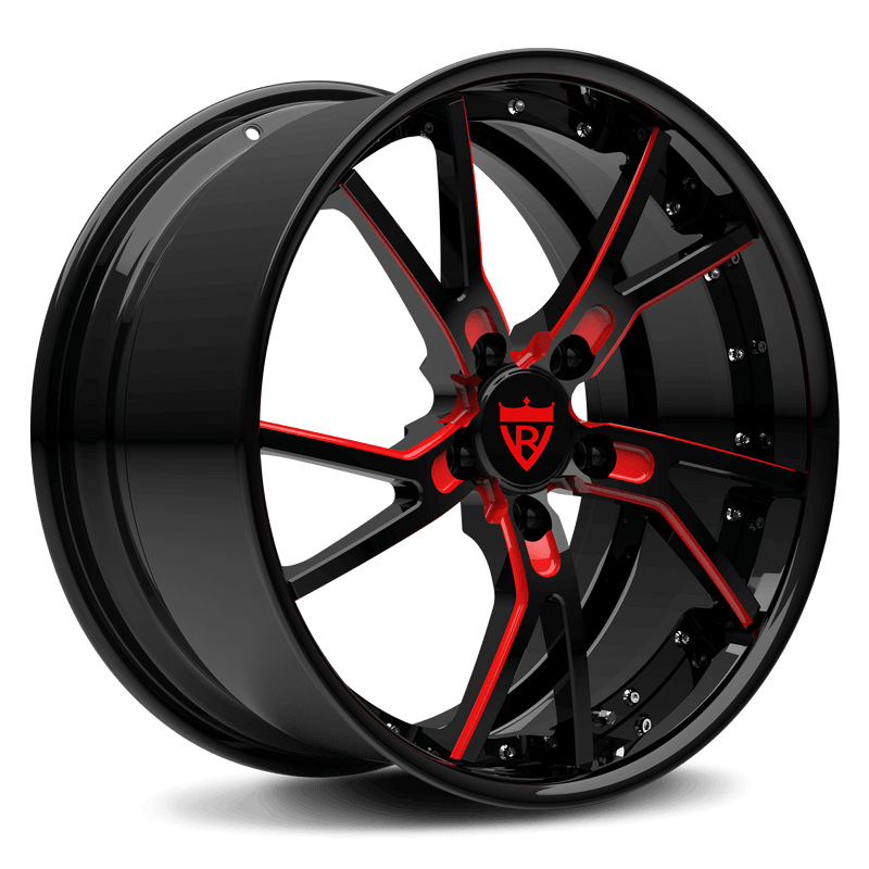 RVRN RV-DR12 custom forged 2-piece Y spoke wheels for Porsche 911 in black with red finish, 21 inch performance wheel design