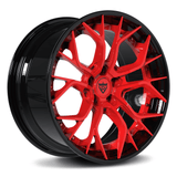 RVRN RV-DR16 2-piece forged aggressive Y spoke wheels for BMW M4 in black with red finish, lightweight performance construction and custom fitment for high-performance vehicles