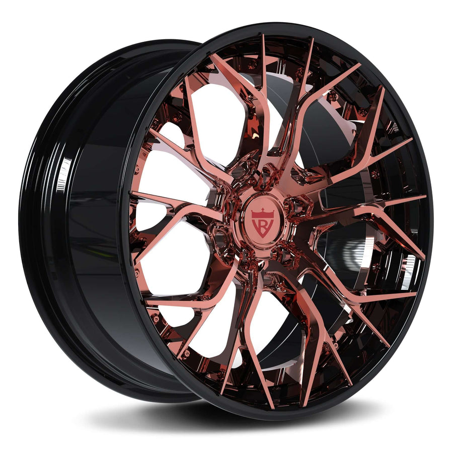 RVRN RV-DR16 forged 2-piece aggressive Y spoke wheels for Porsche 911 in polished rose gold with black finish, custom lightweight performance Corvette-style wheels