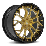 RVRN RV-DR16 custom forged 2-piece Y spoke aggressive wheels for BMW M4 in polish frozen gold with black finish, lightweight performance construction and custom fitment