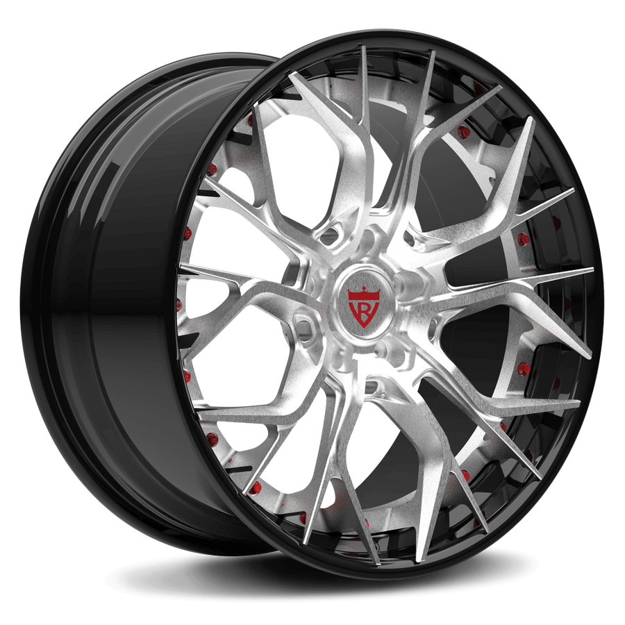 RVRN RV-DR16 custom forged 2-piece aggressive Y spoke wheels for C8 Corvette Z06 in polish with black finish, lightweight performance design and custom fitment