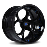 RVRN RV-DS016 blue wheels for Tesla Model S featuring custom forged construction and aggressive 2 piece styling