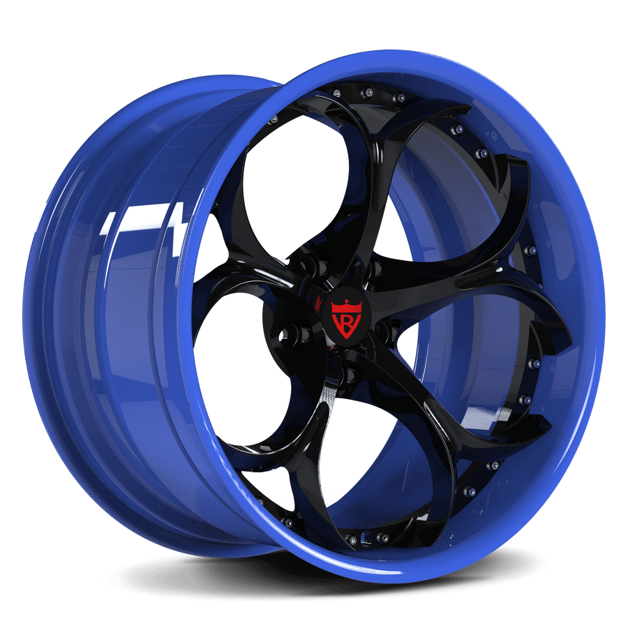 RVRN RV-DS016 custom Tesla Model S wheels with black and blue finish, 2 piece forged wheels designed for premium EV performance