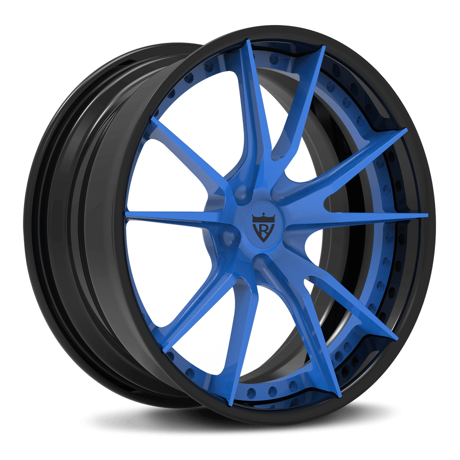 RVRN RV-DS477 custom forged blue wheels with deep lip 10 spoke design for Chevrolet Camaro in black and blue finish