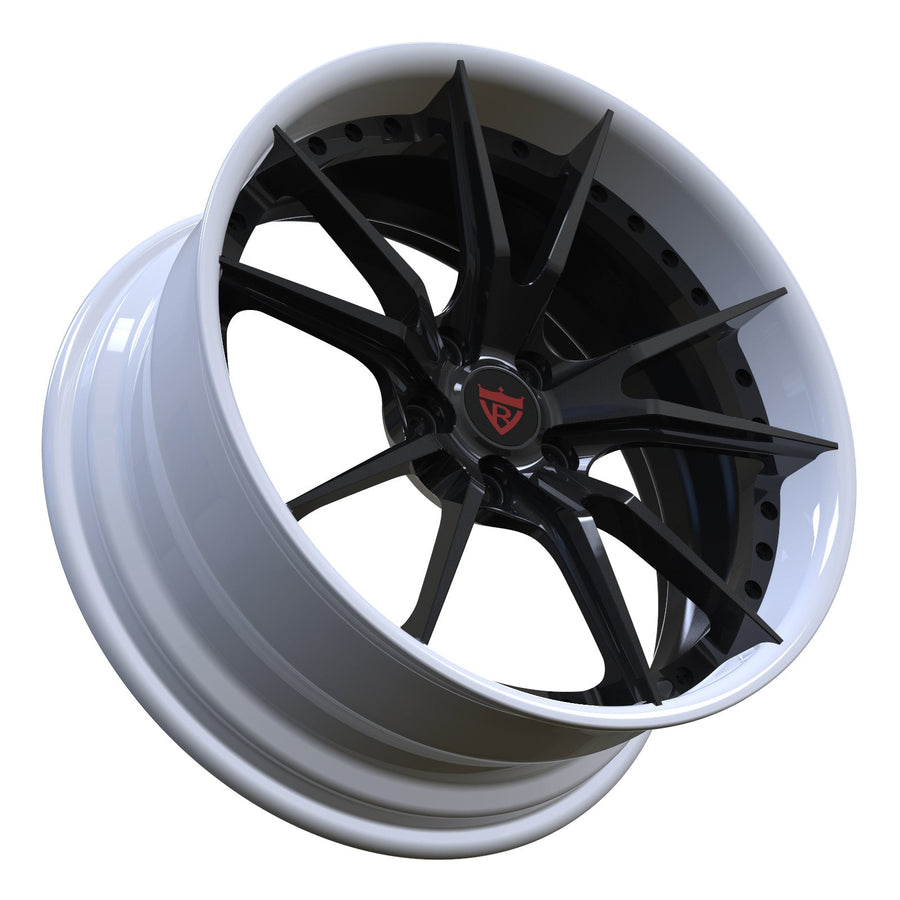 Lightweight forged Audi wheels by RVRN RV-DS477 in black with white finish custom multi spoke performance rims