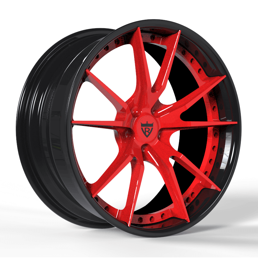 RVRN RV-DS477 forged multi spoke Corvette C8 Z06 wheels in red and black, featuring custom 2-piece construction, concave styling and design your own wheels options
