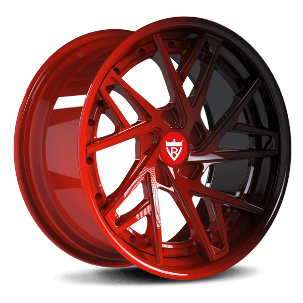 RVRN RV-DS74 custom forged directional Tesla rims in black and red finish, lightweight 2-piece wheel design engineered for Tesla Model 3 custom fitment and performance driving