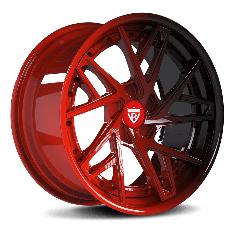 RVRN RV-DS74 custom forged directional Tesla rims in black and red finish, lightweight 2-piece wheel design engineered for Tesla Model 3 custom fitment and performance driving