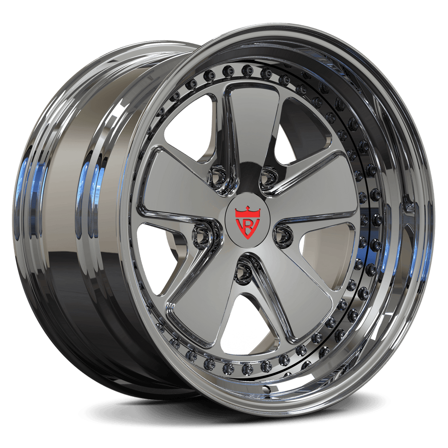 RVRN RV-DV70 forged 2-piece 5 spoke deep dish chrome wheel for a 1970 VW Beetle, classic old-school styling with custom fitment and deep dish profile