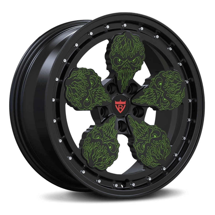 RVRN RV-M5 bespoke forged wheels in green with black finish for Ford Mustang performance builds with lightweight monoblock design
