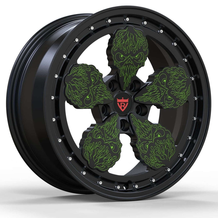 Lightweight bespoke forged wheel design by RVRN Wheels for Shelby GT500 applications in green and black finish
