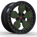 Lightweight bespoke forged wheel design by RVRN Wheels for Shelby GT500 applications in green and black finish