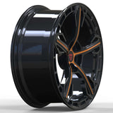 RVRN RV-MA62 forged 5 spoke wheels in black with orange finish for GMC Sierra performance truck builds