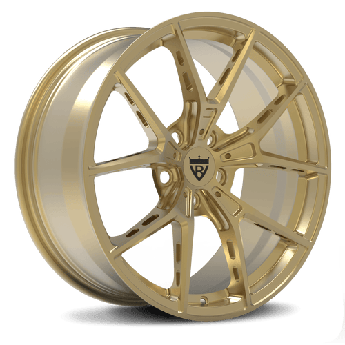 RVRN RV-MB373 forged Y spoke wheel for Tesla Model Y featuring polished frozen gold finish and lightweight performance design for custom EV builds