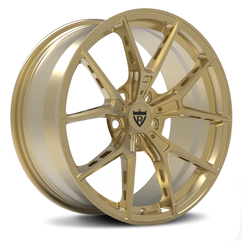 RVRN RV-MB373 forged Y spoke wheel for Tesla Model Y featuring polished frozen gold finish and lightweight performance design for custom EV builds