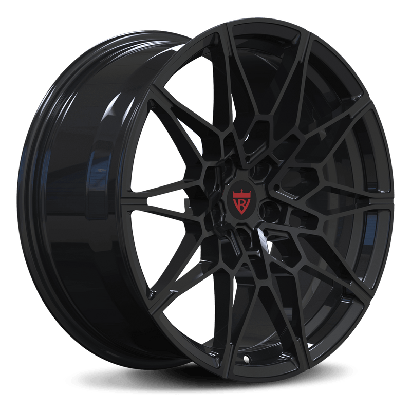 RVRN RV-MB418 custom forged BMW rims featuring BMW G80 M3 black rims inspired OEM style design in black and gold finish, lightweight forged wheel construction for performance BMW applications