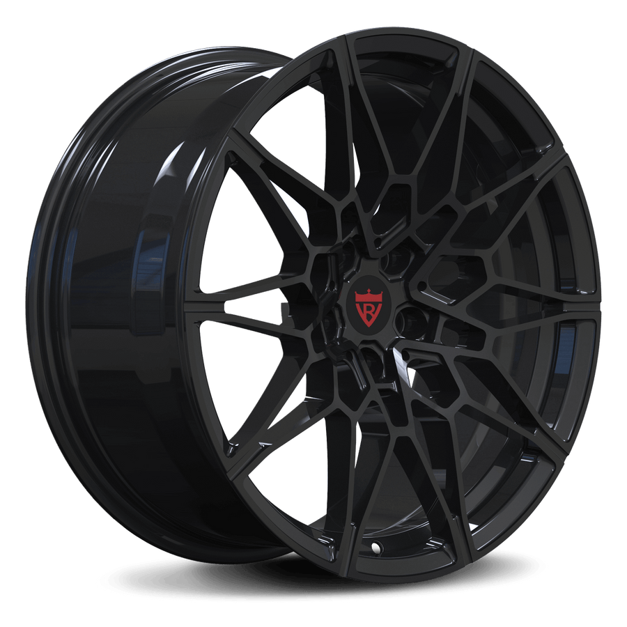 RVRN RV-MB418 custom forged BMW rims featuring BMW G80 M3 black rims inspired OEM style design in black and gold finish, lightweight forged wheel construction for performance BMW applications