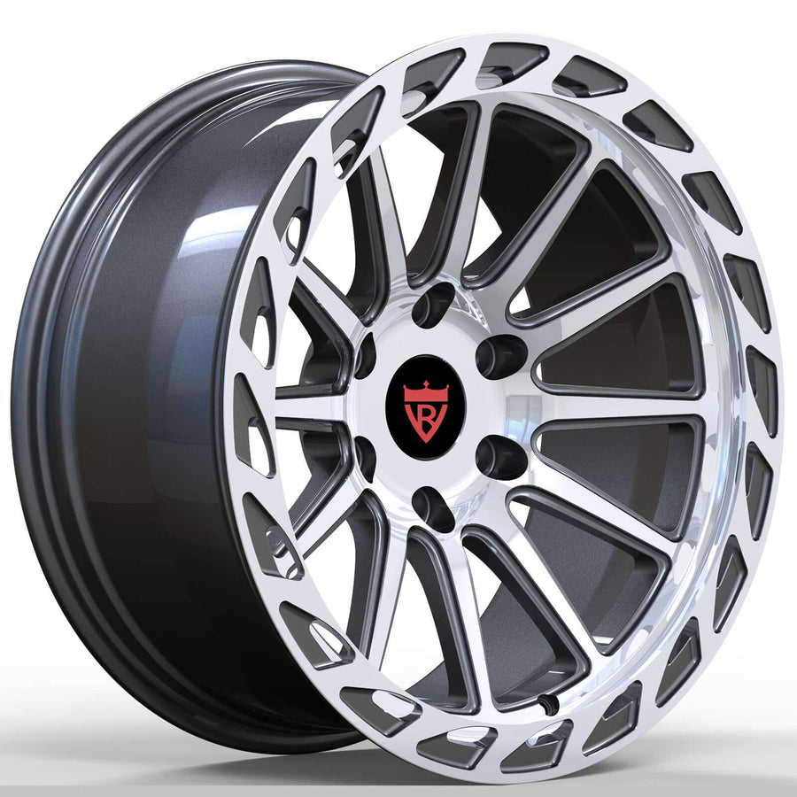 RVRN RV-MC023 Dodge Ram wheels featuring a custom 6 lug forged 1-piece construction with black and polished finish