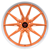 RVRN RV-MC17 forged Y spoke orange with white wheels for BMW M4 featuring a custom 1-piece performance wheel design
