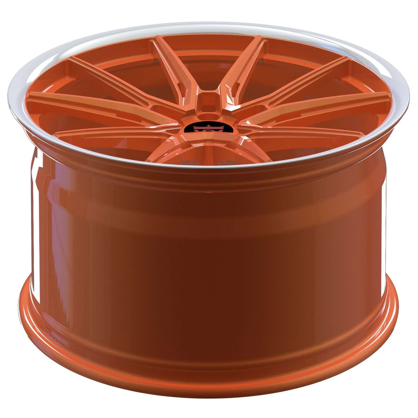 RVRN RV-MC17 custom forged Y spoke orange with white wheel for Corvette C8 Z06 with distinctive 10 spoke performance styling