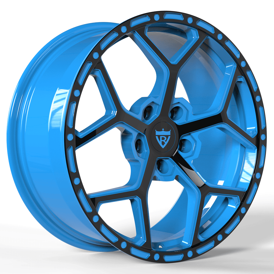 Custom forged blue rims for Chevrolet Corvette by RVRN Wheels featuring black with blue performance wheel styling