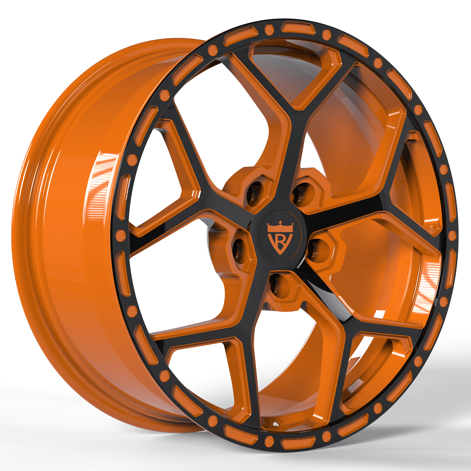 RVRN RV-MC172 staggered forged Camaro wheels in black with orange finish for modern Chevy muscle cars