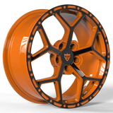 RVRN RV-MC172 staggered forged Camaro wheels in black with orange finish for modern Chevy muscle cars