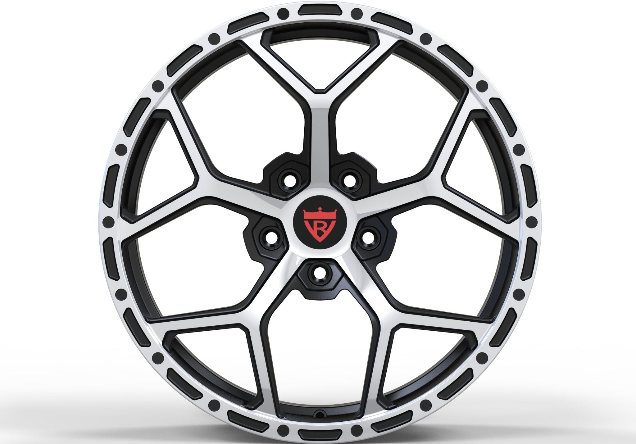 Staggered forged Chevy wheel setup by RVRN with polished black finish and deep concave Y spoke design