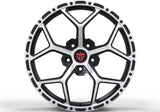 Staggered forged Chevy wheel setup by RVRN with polished black finish and deep concave Y spoke design