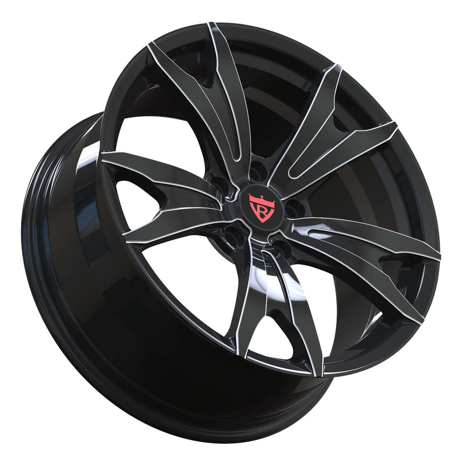RVRN RV-MC173 black 5 spoke forged wheels showing the open spoke profile and precision-machined Chevrolet fitment